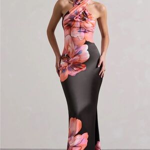 Club L London Floral One-Shoulder Maxi Dress - Black and Pink
